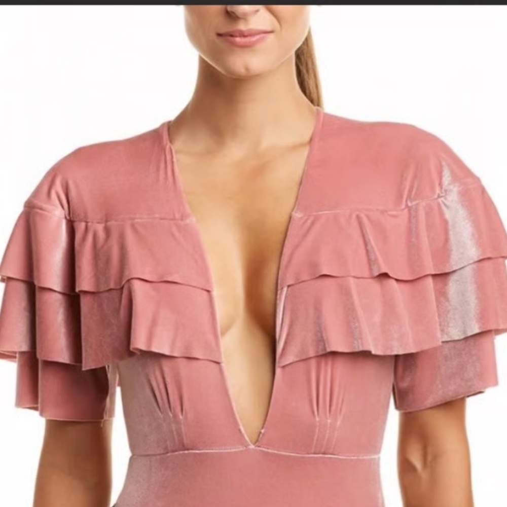 MISA Los Angeles Lelia Pink Velvet Ruffle Bodysuit Plunge V Neck size S